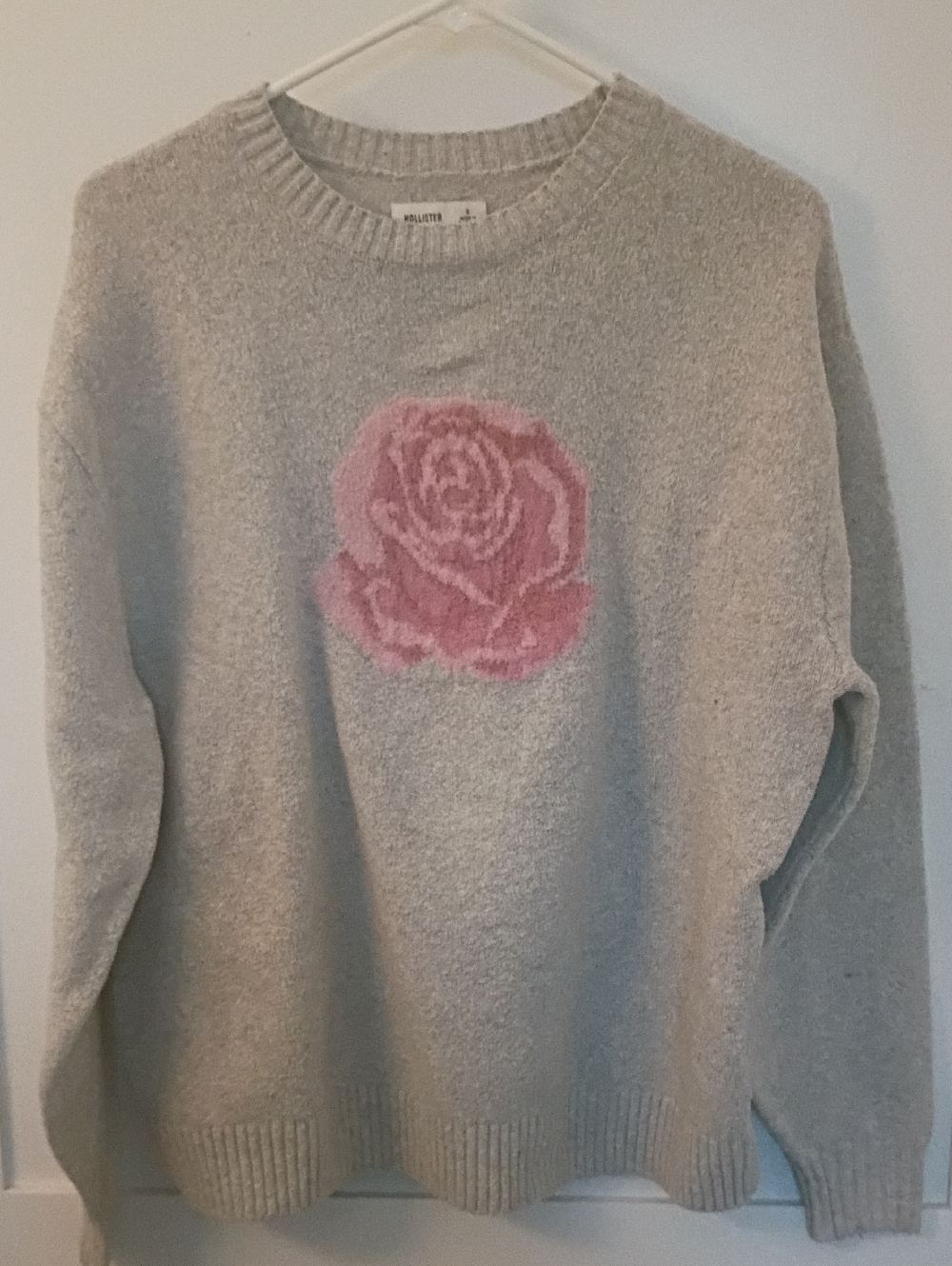 Hollister Gray Crewneck Sweater with Pink Rose Motif